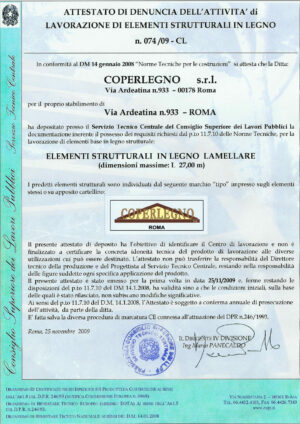 Attestato centro di lavorazione e taglio legno e legno lamellare